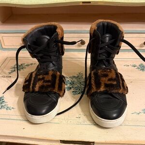 FENDI Leather High-Top Sneakers with Signature Fendi Brown Leopard Fur Straps